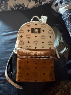 MCM Two-Tone Visetos Leather Medium Backpack in White and Brown